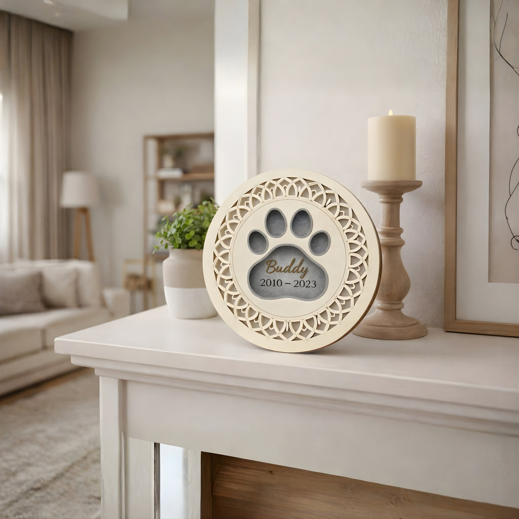 Personalized Round Dog Memorial Keepsake – Custom Paw Print Pet Remembrance Plaque, Forever in My Heart Tribute Wooden
