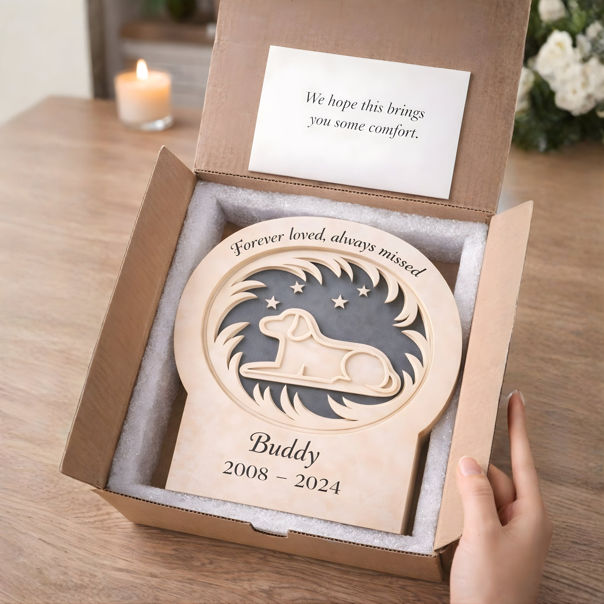 Personalized dog memorial plaque – Custom Pet Remembrance Plaque, Peaceful Dog Loss Tribute Wooden