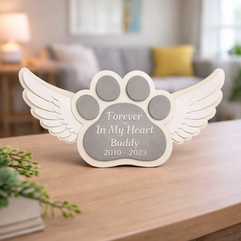 Personalized Dog Memorial Keepsake with Angel Wings – Custom Pet Loss Tribute, Wooden Paw Print Remembrance Gift