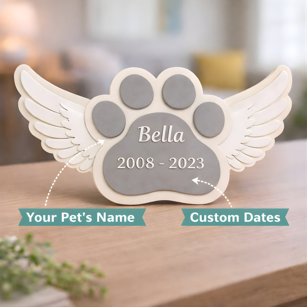 Personalized Dog Memorial Keepsake with Angel Wings – Custom Pet Loss Tribute, Wooden Paw Print Remembrance Gift
