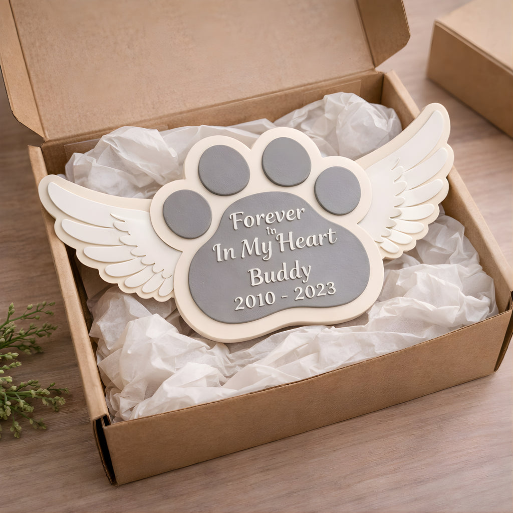 Personalized Dog Memorial Keepsake with Angel Wings – Custom Pet Loss Tribute, Wooden Paw Print Remembrance Gift